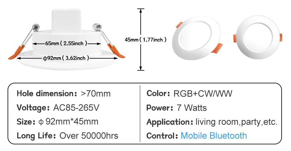 LED Downlights Bluetooth Ceiling Lamp 7W LED Spot Light AC90V-240V Recessed Round RGB Light Timed Dimmable bathroom bedroom