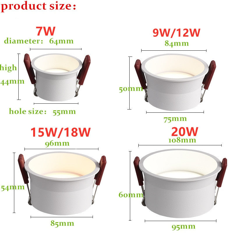 Beam Angle 60 Degrees Recessed LED Downlight 7W 9W 12W 15W 18W 20W Dimmable Deep Glare LED Ceiling Lamp Spot Light Background
