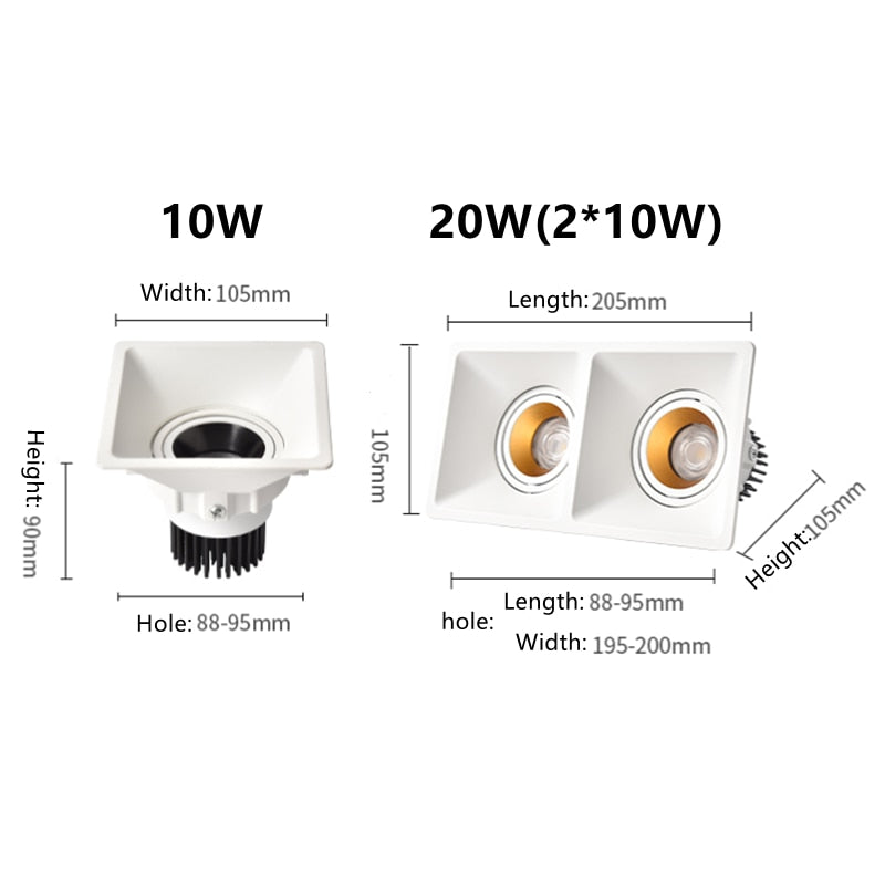 Square Recessed LED Downlight COB 10W 20W Ceiling Lamp Spotlight Dimmable AC 110V 220V For Indoor Lighting