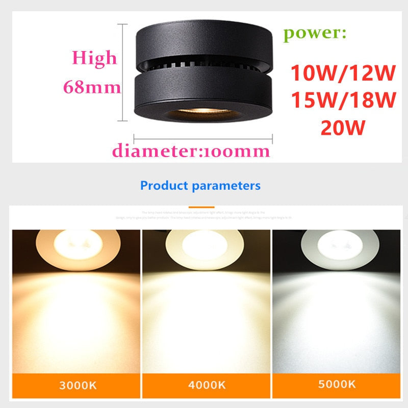 Dimmable Folding Rotating LED Downlight 10W 12W 15W 18W 20W COB LED Surface Mounted Ceiling Lamp Spot Light AC110-220V Indoor Light