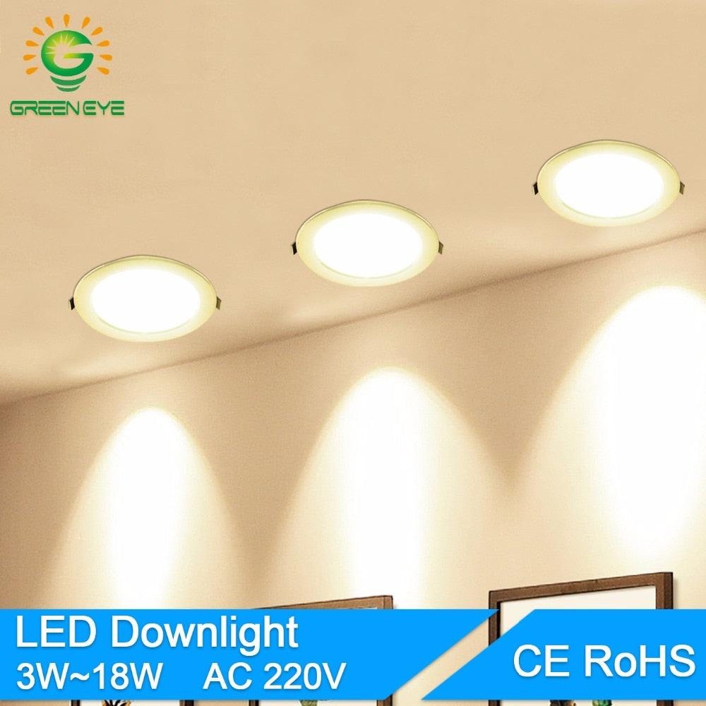 GreenEye LED Downlight 3w 5w 7w 9w 12w 18w AC 220V 240V Aluminum Ultra-thin downlight Indoor Ceiling Round Recessed Spot Lighting