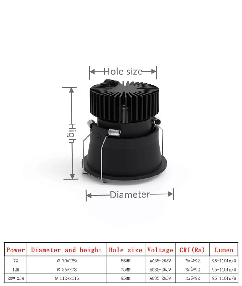 Dimmable LED Recessed AC85-265V Downlight 7W 12W 20W 25W COB Spot light Color 3000K 4000K 6000K For Indoor Ceiling Lamp