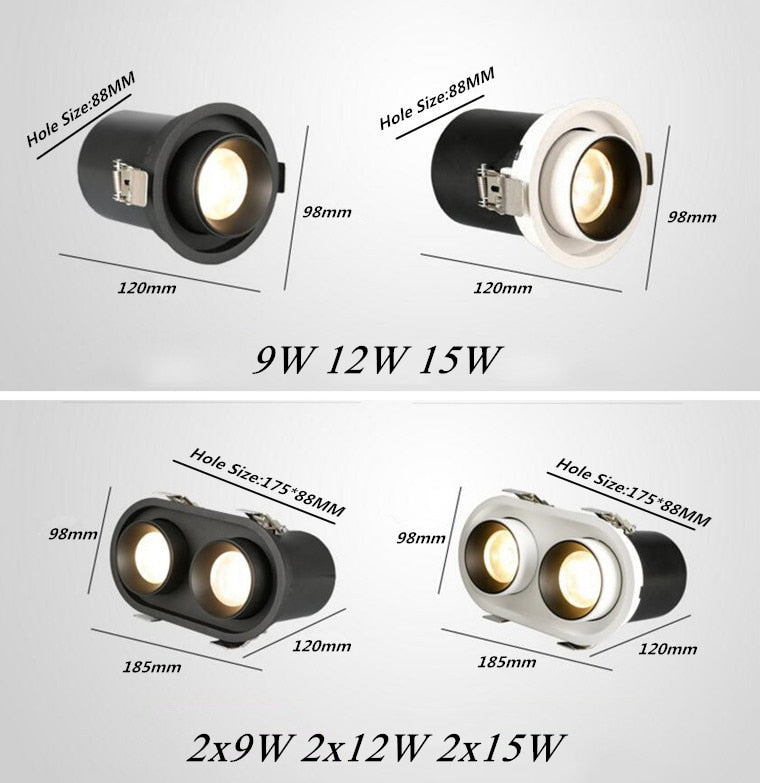 Retractable Rotating Dimmable Recessed COB LED Downlights 9W 12W 15W 24W 30W AC85-265V LED Ceiling Spot Lights Indoor Lighting