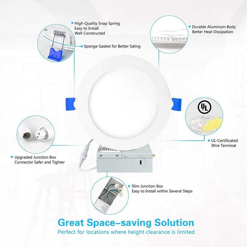 Ultra-Thin LED Recessed Ceiling Light With Junction Box, 6Pcs 12W 4000K Dimmable Downlight