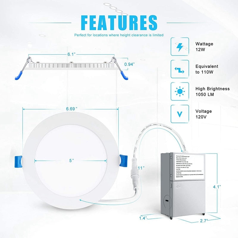 Ultra-Thin LED Recessed Ceiling Light With Junction Box, 6Pcs 12W 4000K Dimmable Downlight