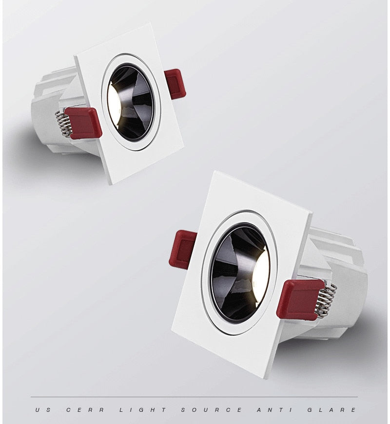 2021 Angle Adjustable Anti-glare Square LED COB Recessed Downlights 9W 12W 15W 18W 24W 30W LED Ceiling Spot Lights AC90-260V