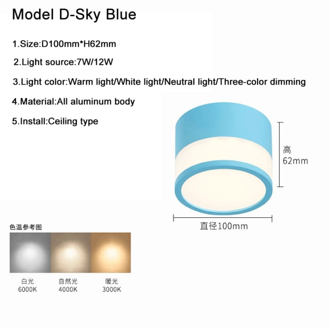 Surface Mounted Downlight Led 7W 12W Nordic Round Living Room Aisle Ceiling Light Macaron Free Hole Three-color Small Spotlight