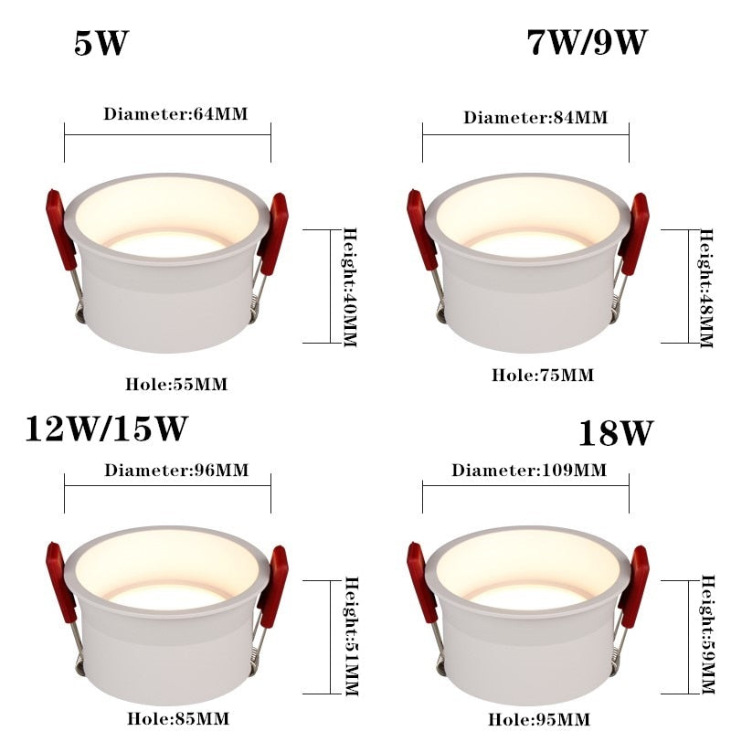 Beam Angle 60 Degrees Recessed LED Downlight 5W 7W 9W 12W 15W 18W Dimmable Deep Glare LED Ceiling Spot Light Pic Background