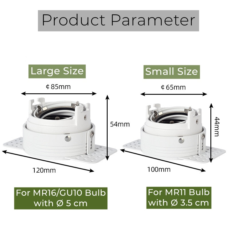 Frameless Recessed LED Ceiling Downlight Adjustable Mount Frame Socket GU10/MR16/MR11 Bulb Holder Spot Lighting Fitting Fixture