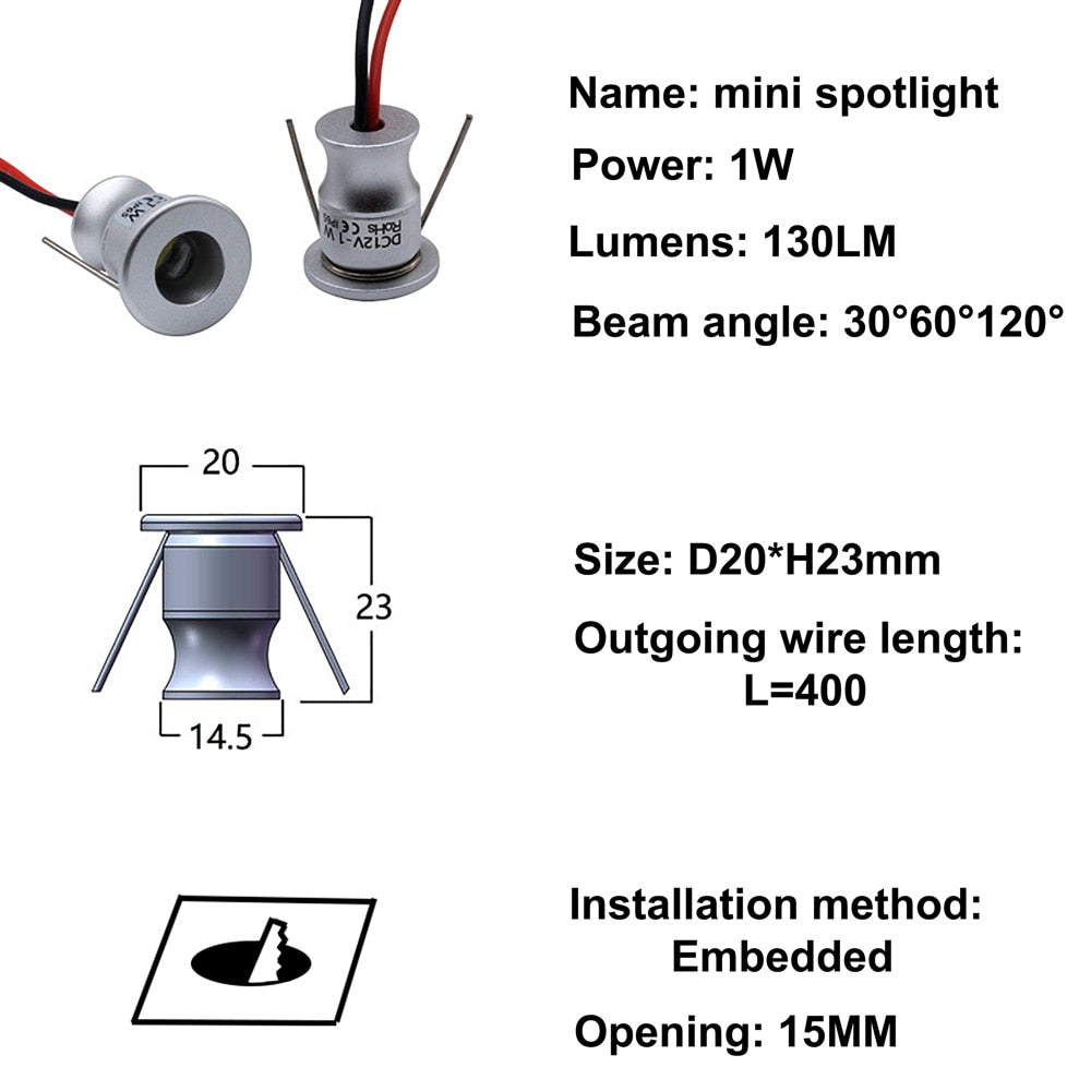 Mini 1W Downlight DC12V IP65 Embedded Interior Decoration Lamp Cabinet Bar Lighting Modern Minimalist Light Luxury LED Spotlight