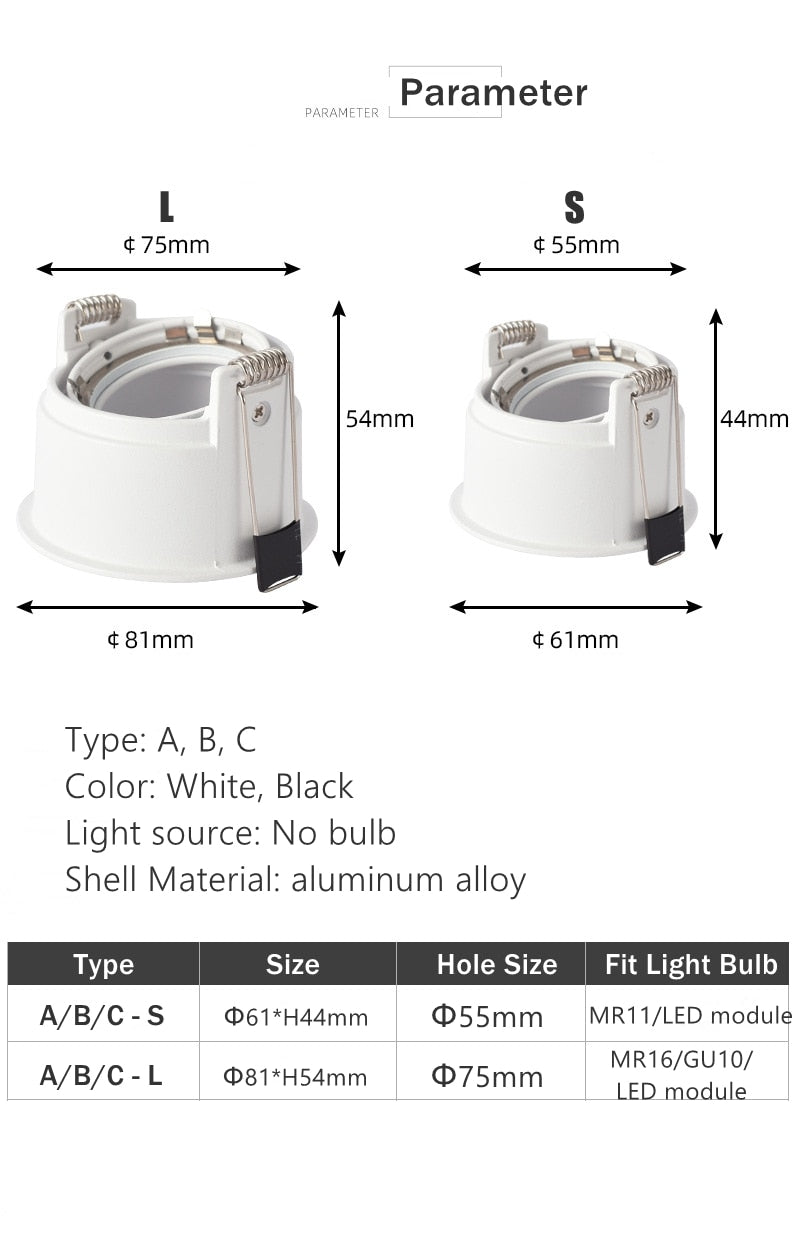 LED Downlights Fitting GU10 MR16 MR11 Base 55mm 75mm Cut Hole Ceiling Recessed Lamp Replaceable Bulb Aluminum Frame Spot Light