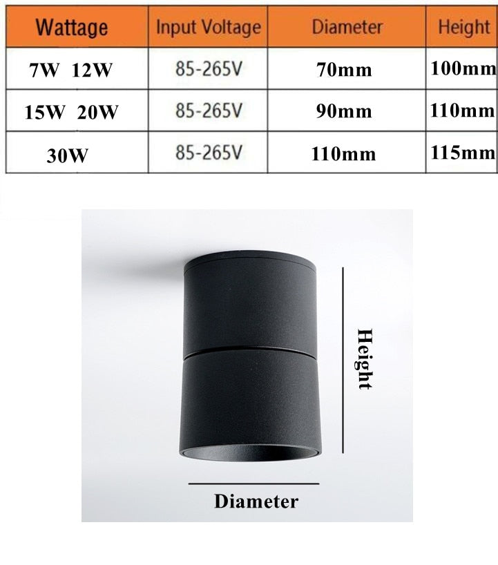 Surface Mounted LED COB Downlight 7W/12W/15W/20W/30W Rotating LED Spot Light Ceiling Lamp with LED Driver AC110V/220V