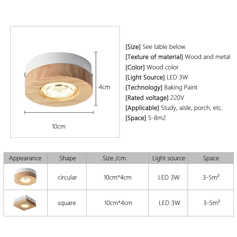 Nordic Simple Surface Mounted Spotlights LED Wooden Round/Square Downlight Living Room Bedroom Hotel Aisle Corridor Lamp