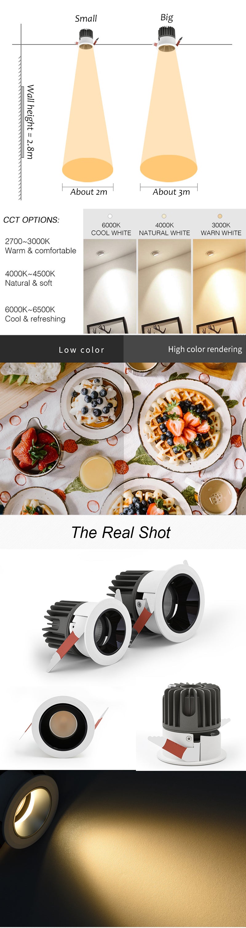 LED Recessed Downlight 7W 12W Dimming Ceiling Spotlight Modern Waterproof Light for Indoor Kitchen Living Room Shower Room