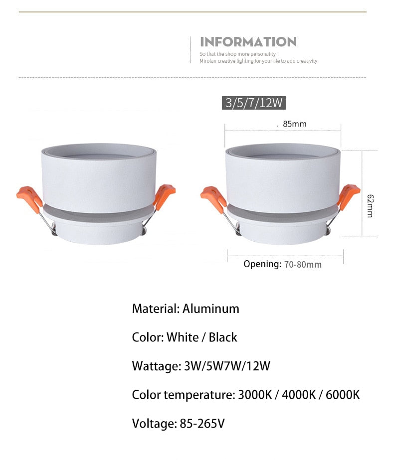 BRGT Led Downlight 3W5W7W12W Recessed Ceiling Lamp Foldable Spotlights Adjustable Focos 85-220V For Kitchen Home Indoor Lighting