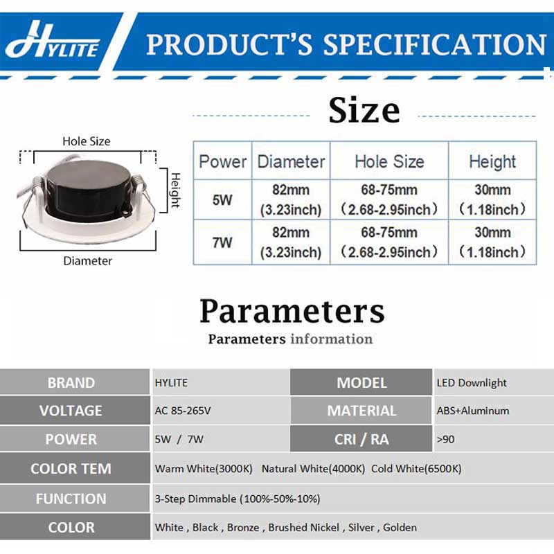 3-Step Dimmable Waterproof 5W AC 85V-265V LED Downlight IP44 Home Bathroom Round Ceiling Lamp Warm White Cold White Spotlight