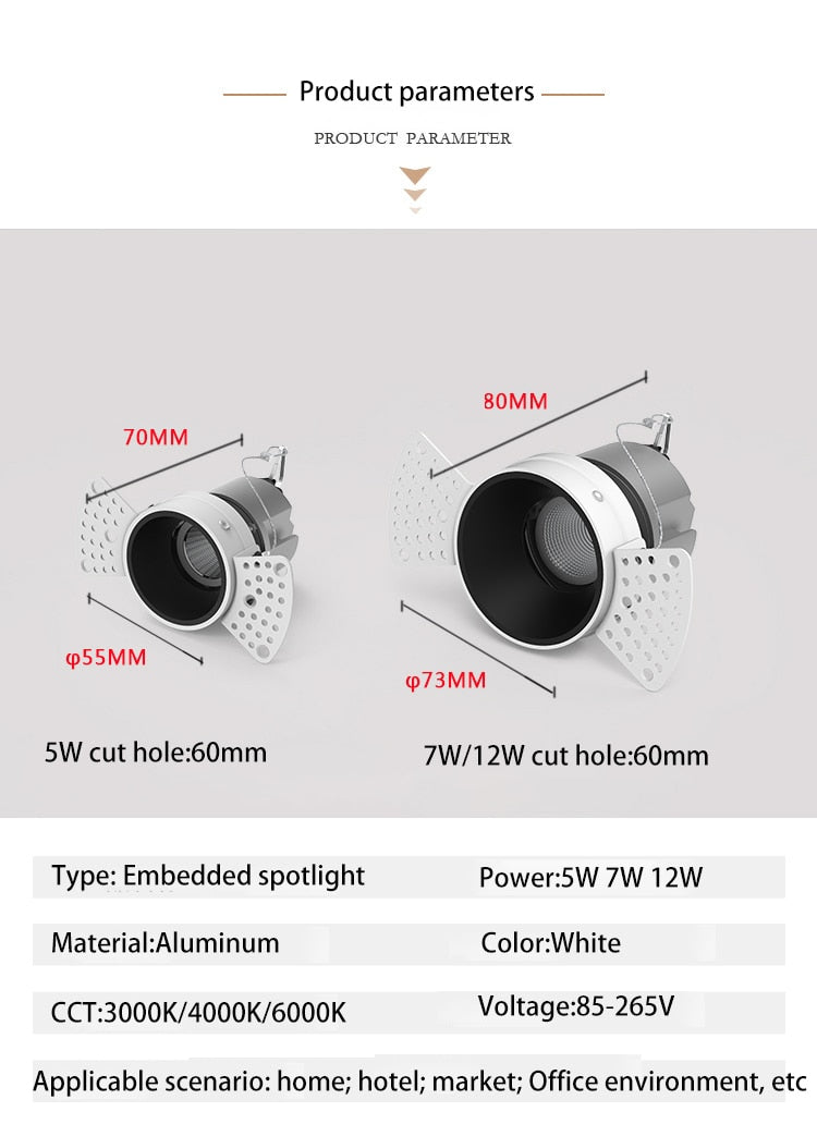 BRGT LED Spot Light Frameless Embedded Lights COB 5W 7W 12W Anti-glare Ceiling Lamp Trimless Aluminum Recessed Downlight Indoor