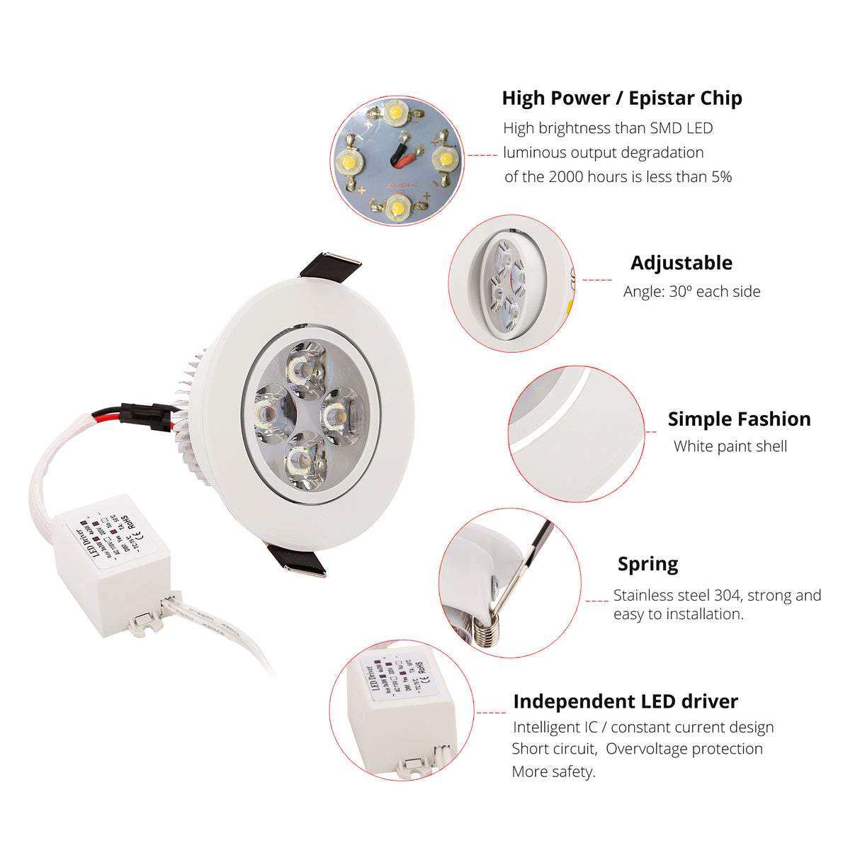 White Led 1W 3W 4W 5W 7W Downlight Residentiële Dimbare Verzonken Led Lamp Licht Verstelbare Recessed Ceiling Spotlight Downlight