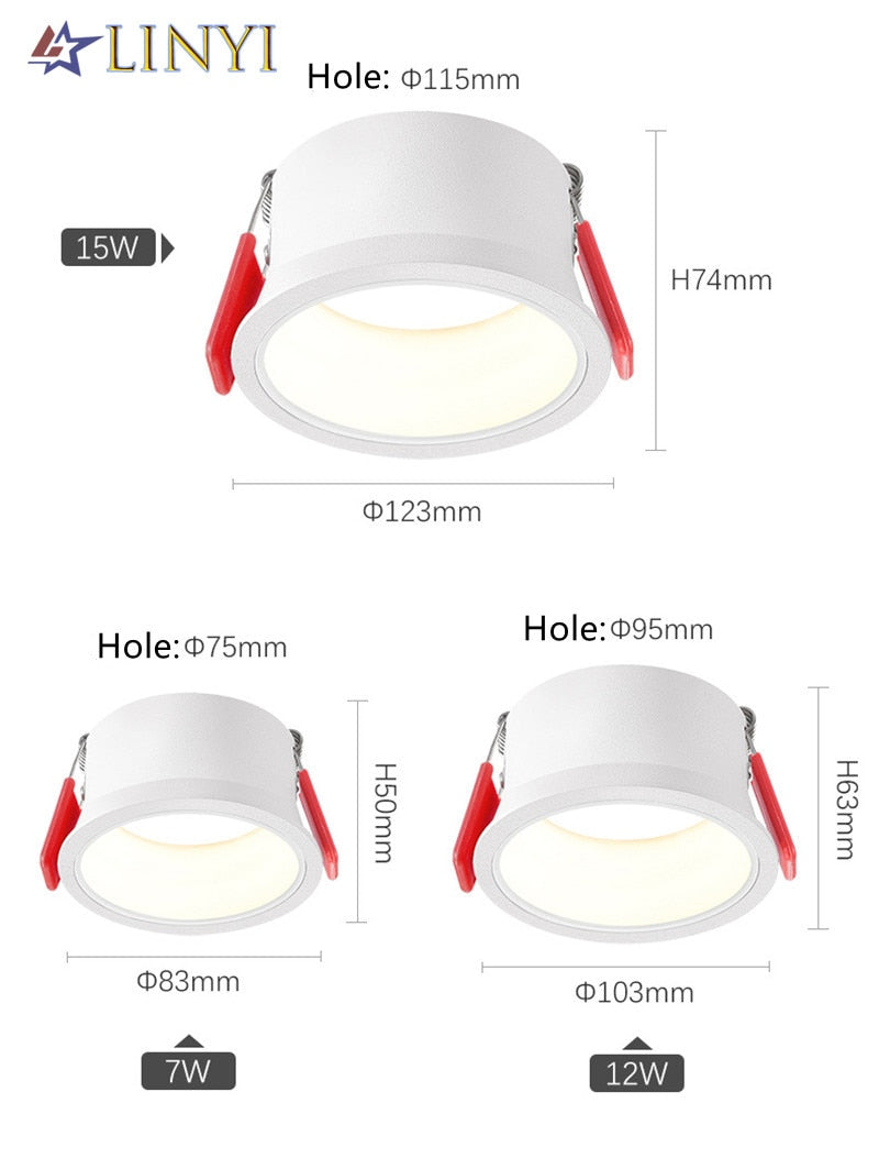Anti-Glare SMD2835 Led Recessed Downlights 7W 12W 15W Dimmable AC90-260V Round Led Ceiling Lamp Spotlights for Indoor Lighting
