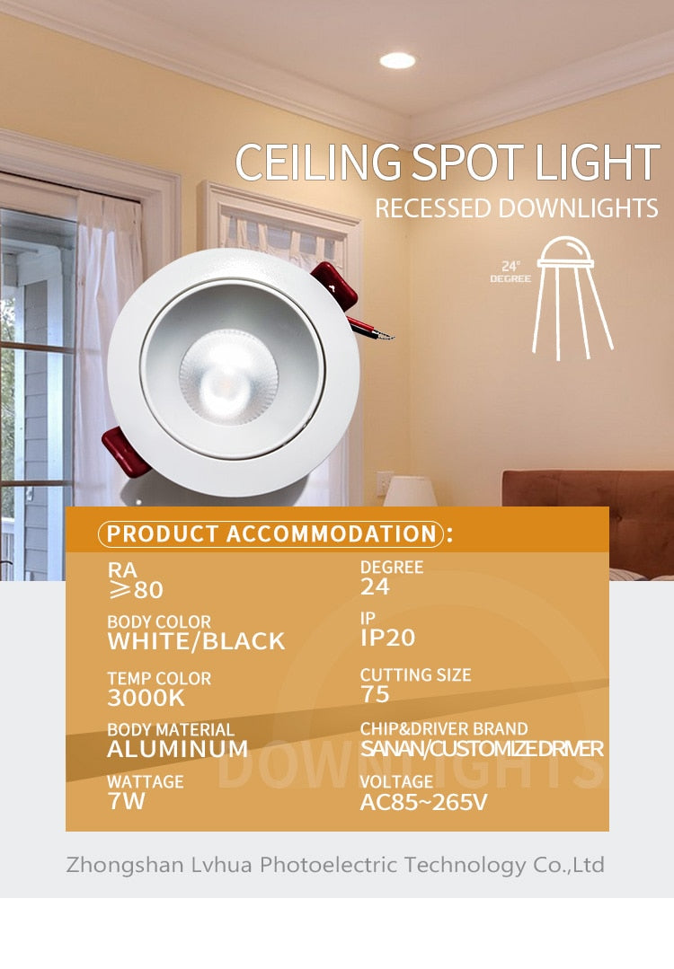 White Led Downlight Recessed Indoor Led Ceiling Lamp 7W AC85~265V Led Spot Lamp For Living Room Foyer Bar Counter Office