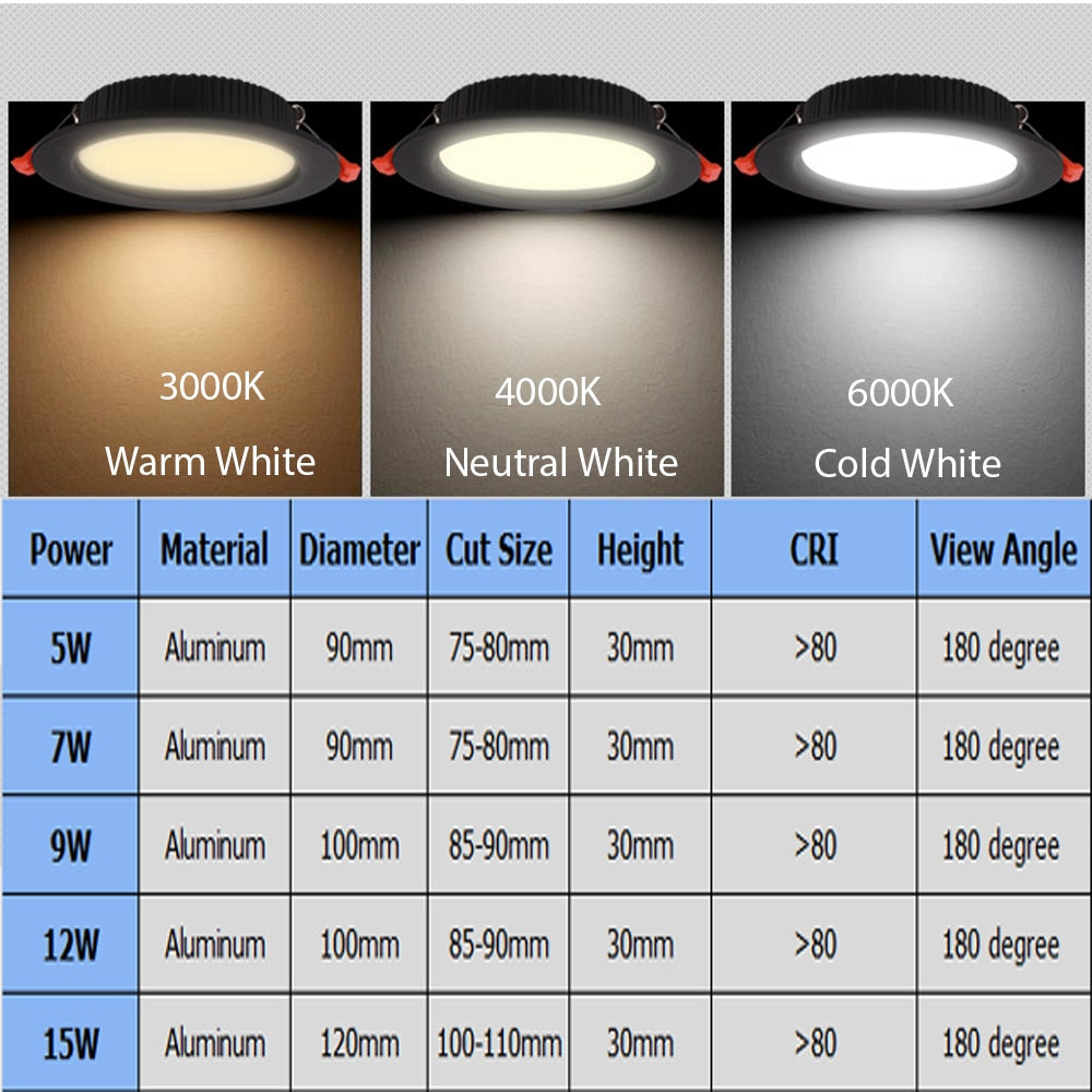 Recessed Downlight 220V 5W 7W 9W 12W 15W Thick Aluminum Panel LED Ceiling Downlight Driverless Spot for Home Decor