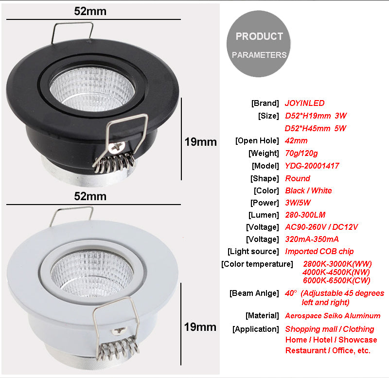 New Design Black White Recessed LED Dimmable Downlight COB 3W 5W LED Spot light LED Decoration Ceiling Lamp AC90-260V DC12V