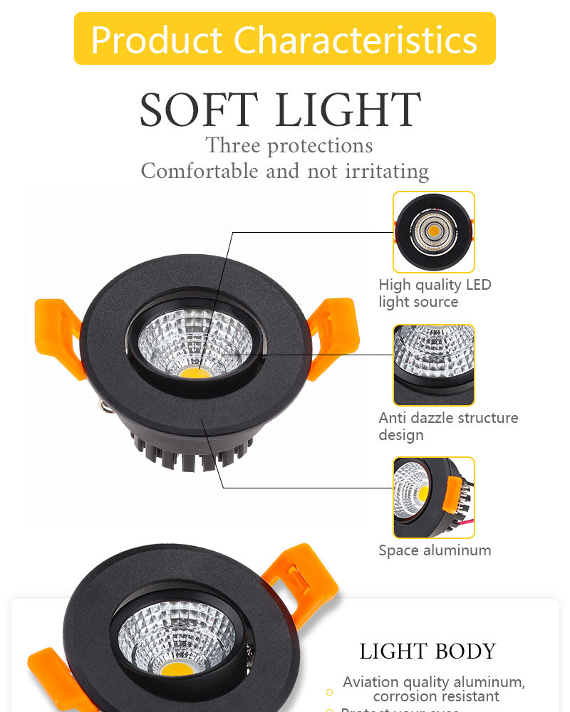 Embedded LED COB Downlight 3W 5W 7W 9W Adjustable Round LED Ceiling Lamp AC90-260V LED Spot Light Indoor Lighting