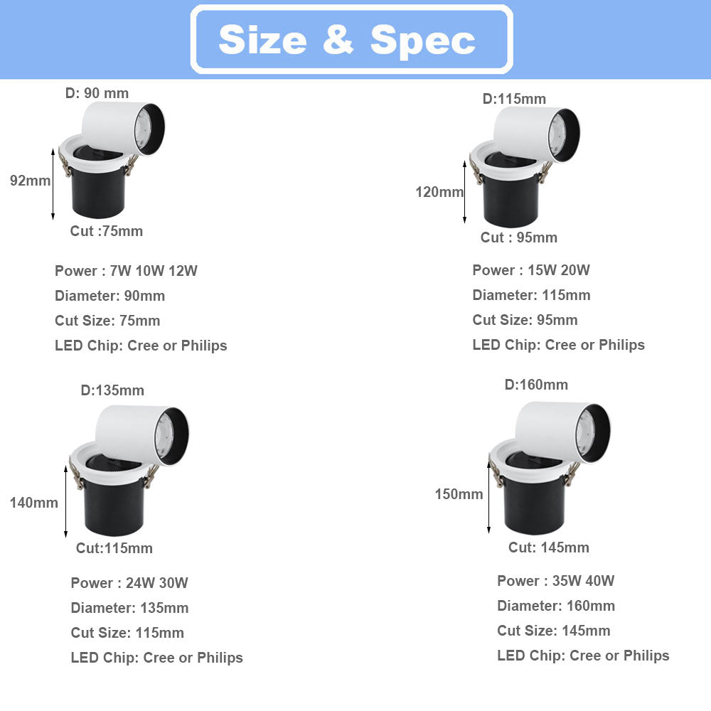 LED Downlight Foldable 7W 10W 12W 20W 30W LED Spotlight Stretchable 4pcs Down light LED with Philips High CRI AC85-265V