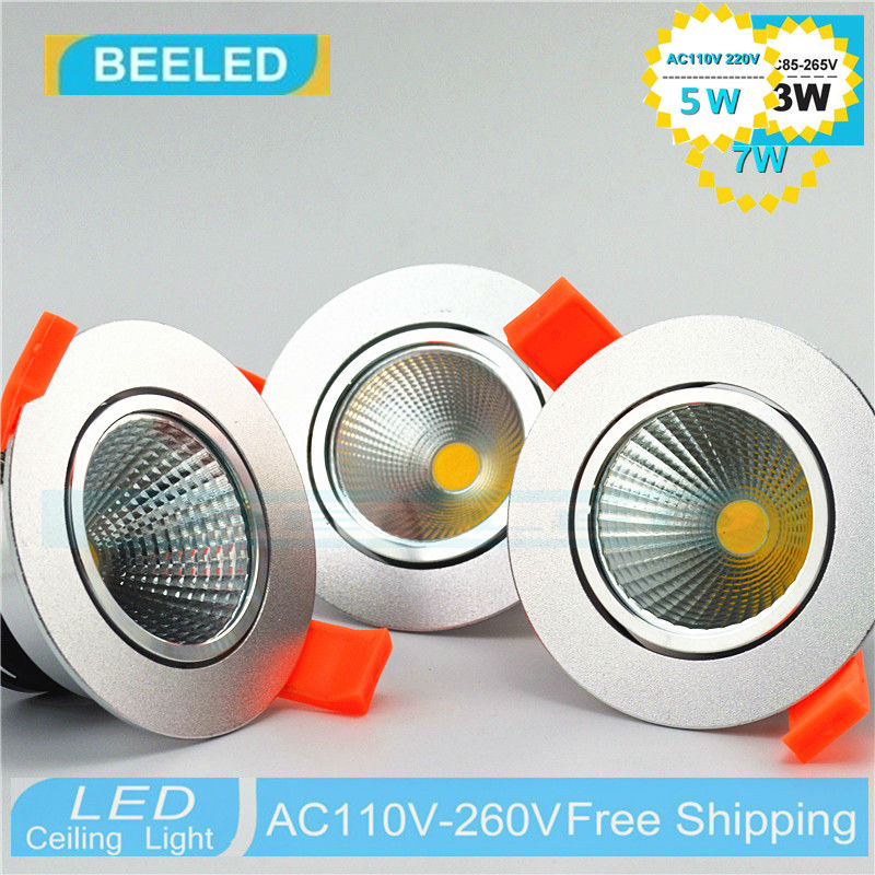 LED COB downlight Recessed 3W 5W 7W silver aluminum body LED Ceiling lights Spot Light Lamp Cool white warm white led lamp