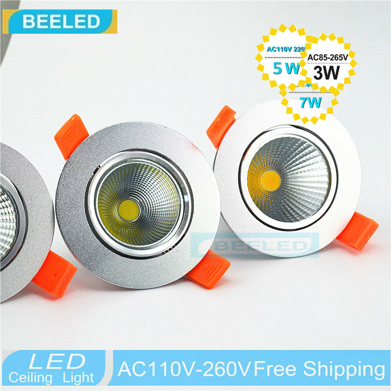 LED COB downlight Recessed 3W 5W 7W silver aluminum body LED Ceiling lights Spot Light Lamp Cool white warm white led lamp