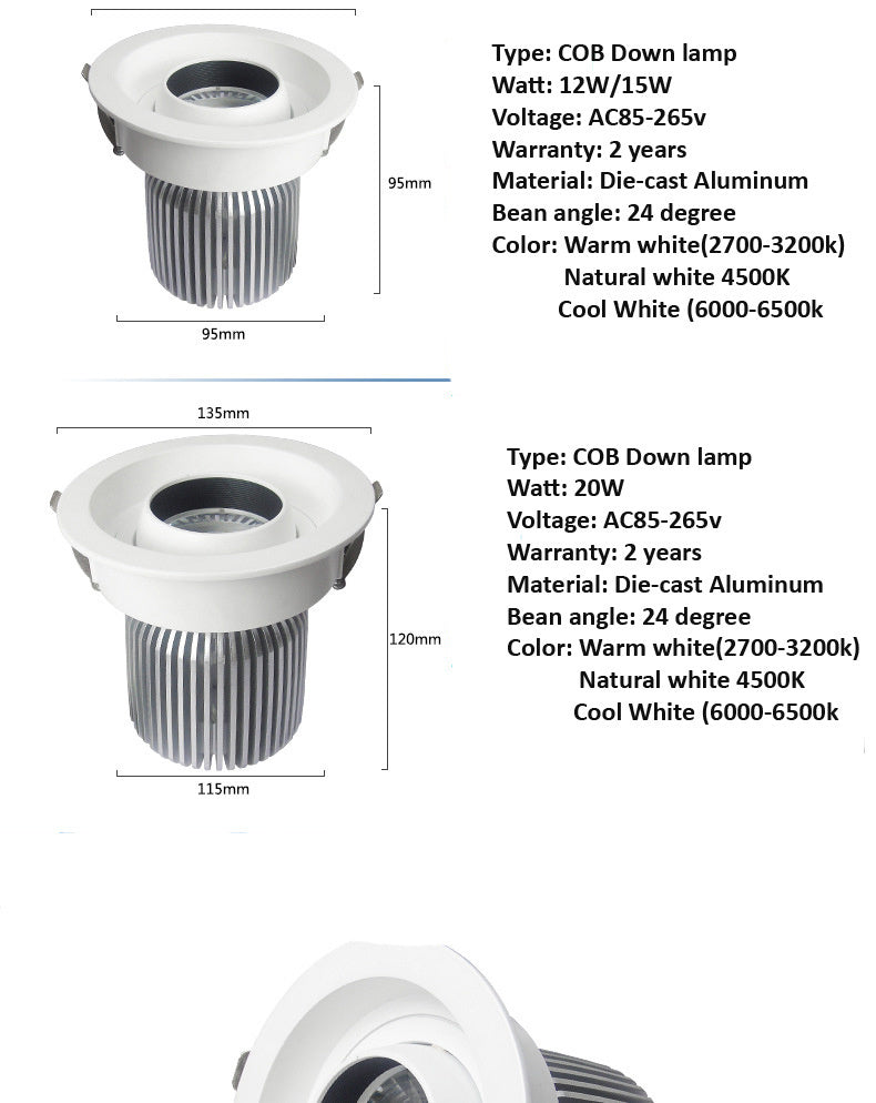Round Downlights Led Spot Double Warm White Cold White 12W 15W 20W COB Adjustable 5pcs/lot Embedded Cattle Eye Lamp AC90-265V