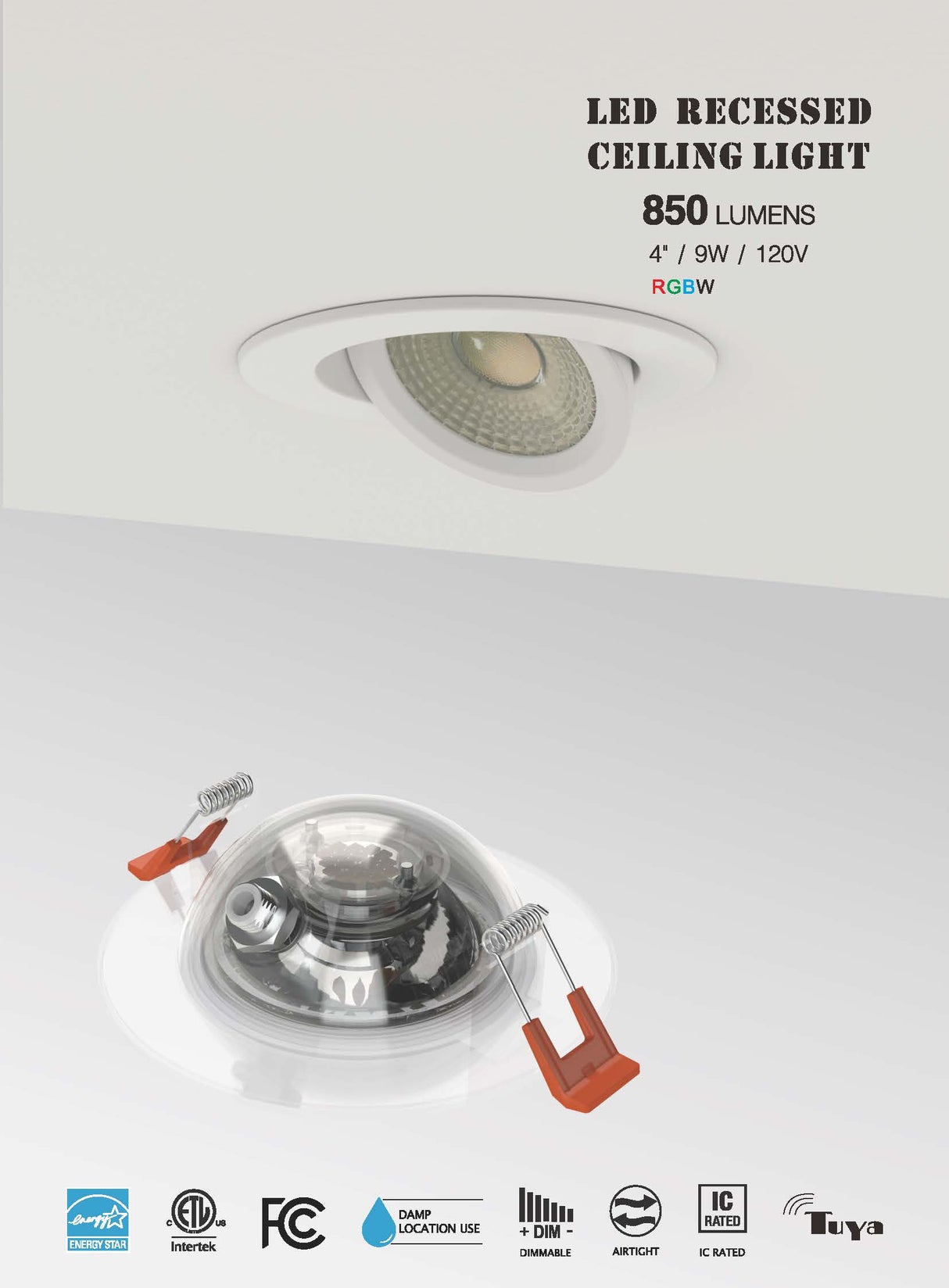 Work with Google Alexa Tuya Siri Smart Control RGBW Recessed LED Dimmable Downlight 9W Angle Adjustable Spot Light Ceiling Lamp