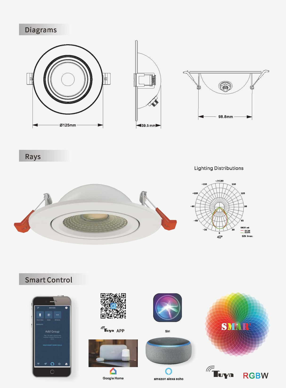 Work with Google Alexa Tuya Siri Smart Control RGBW Recessed LED Dimmable Downlight 9W Angle Adjustable Spot Light Ceiling Lamp