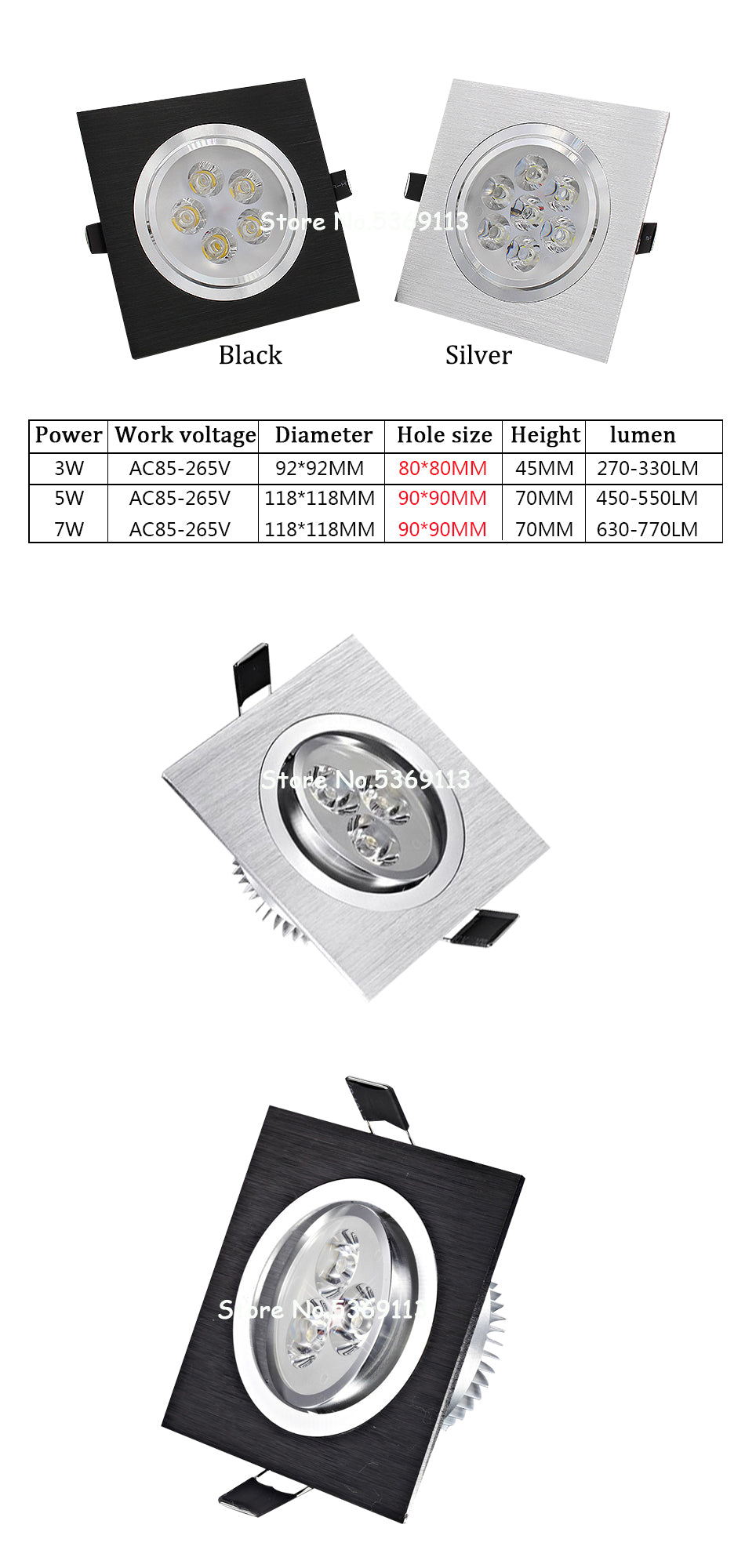 LED Square Down Lights 3W 5W 7W Recessed Dimmable Downlights 110V 220V Spot Indoor Ceiling Home Lighting