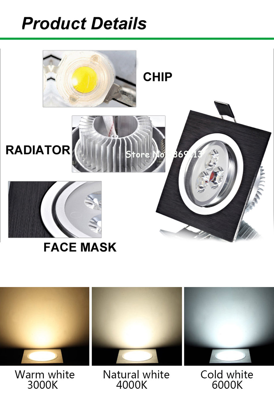 LED Square Down Lights 3W 5W 7W Recessed Dimmable Downlights 110V 220V Spot Indoor Ceiling Home Lighting