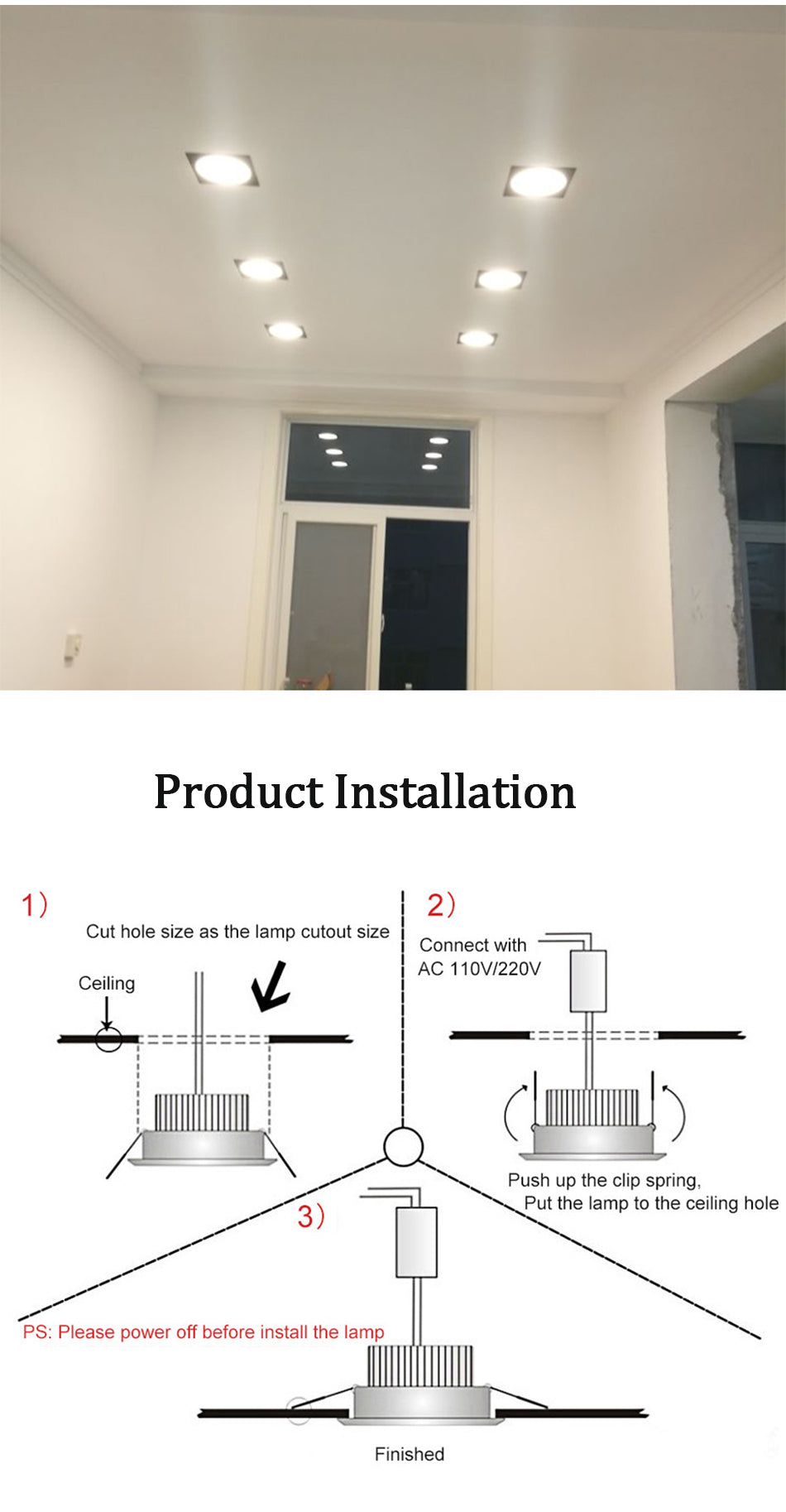 LED Square Down Lights 3W 5W 7W Recessed Dimmable Downlights 110V 220V Spot Indoor Ceiling Home Lighting