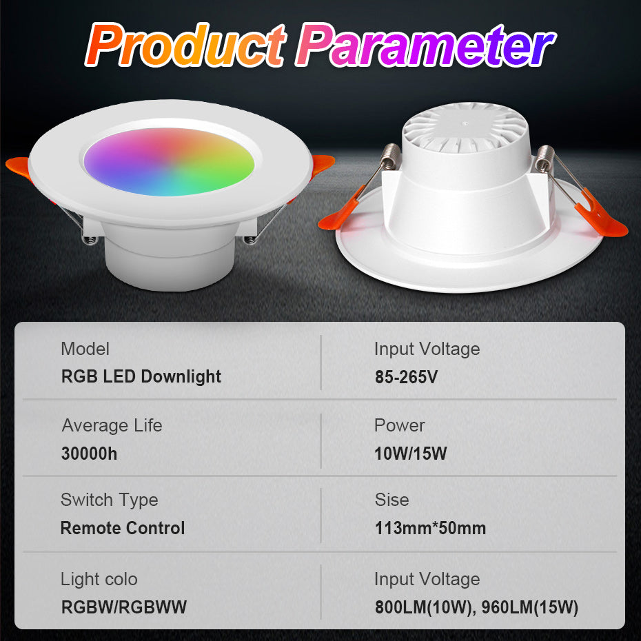 RGB LED Downlight 10W 15W Ceiling Lamp Dimmable 16 Color Cold/Warm White with IR Remote Control For Kitchen Indoor Lights