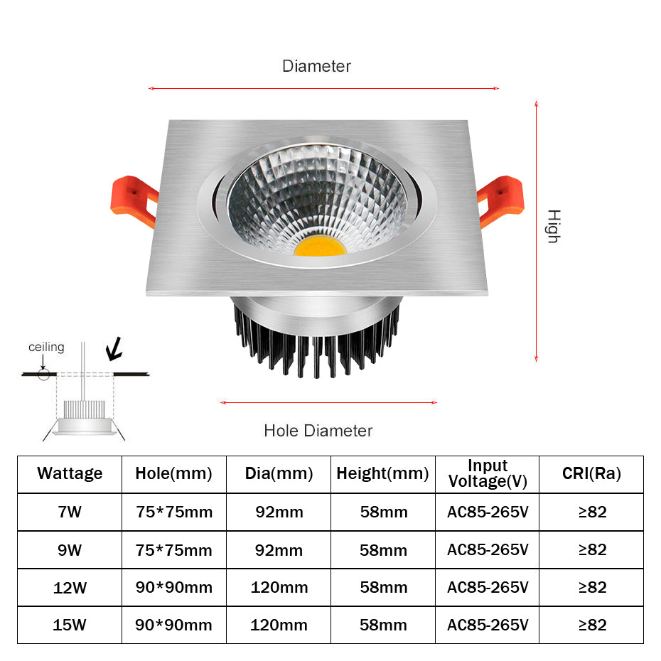 DBF Dimmable Square LED COB Downlight 7W 9W 12W 15W Angle Adjustable LED Ceiling Spot Lamp 3000K 4000K 6000K AC 110V 220V