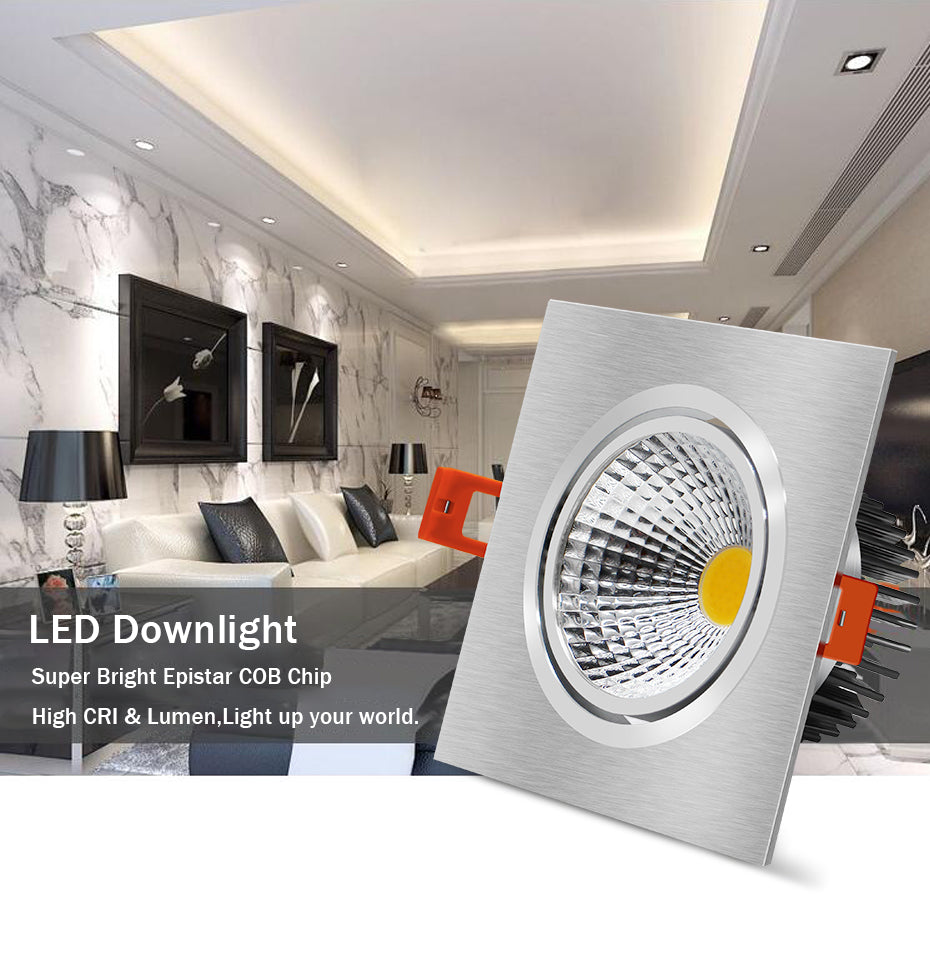 DBF Dimmable Square LED COB Downlight 7W 9W 12W 15W Angle Adjustable LED Ceiling Spot Lamp 3000K 4000K 6000K AC 110V 220V