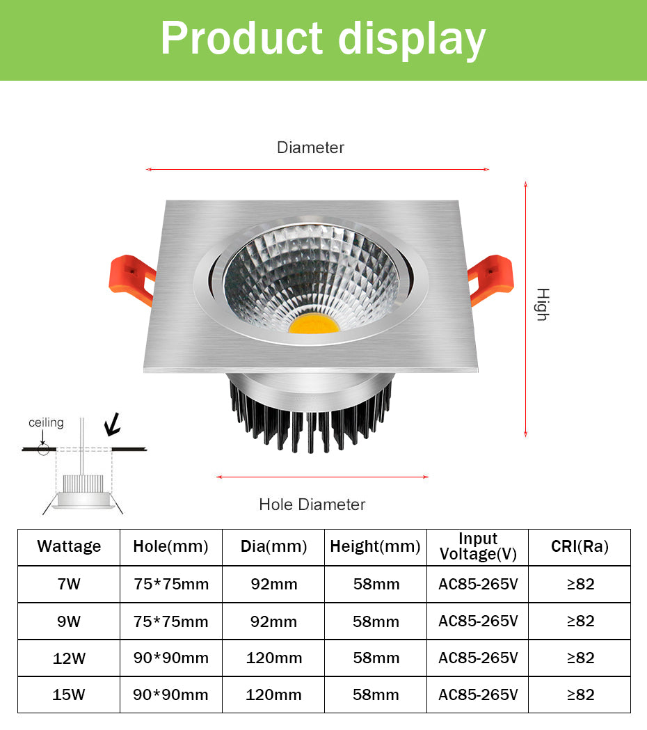DBF Dimmable Square LED COB Downlight 7W 9W 12W 15W Angle Adjustable LED Ceiling Spot Lamp 3000K 4000K 6000K AC 110V 220V