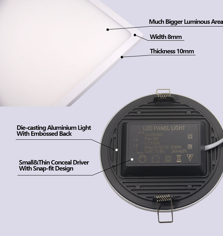 Ultra-narrow edeg led round square panel light led downlight 8w 16w 22w 30w conceal driver with snap-fit design