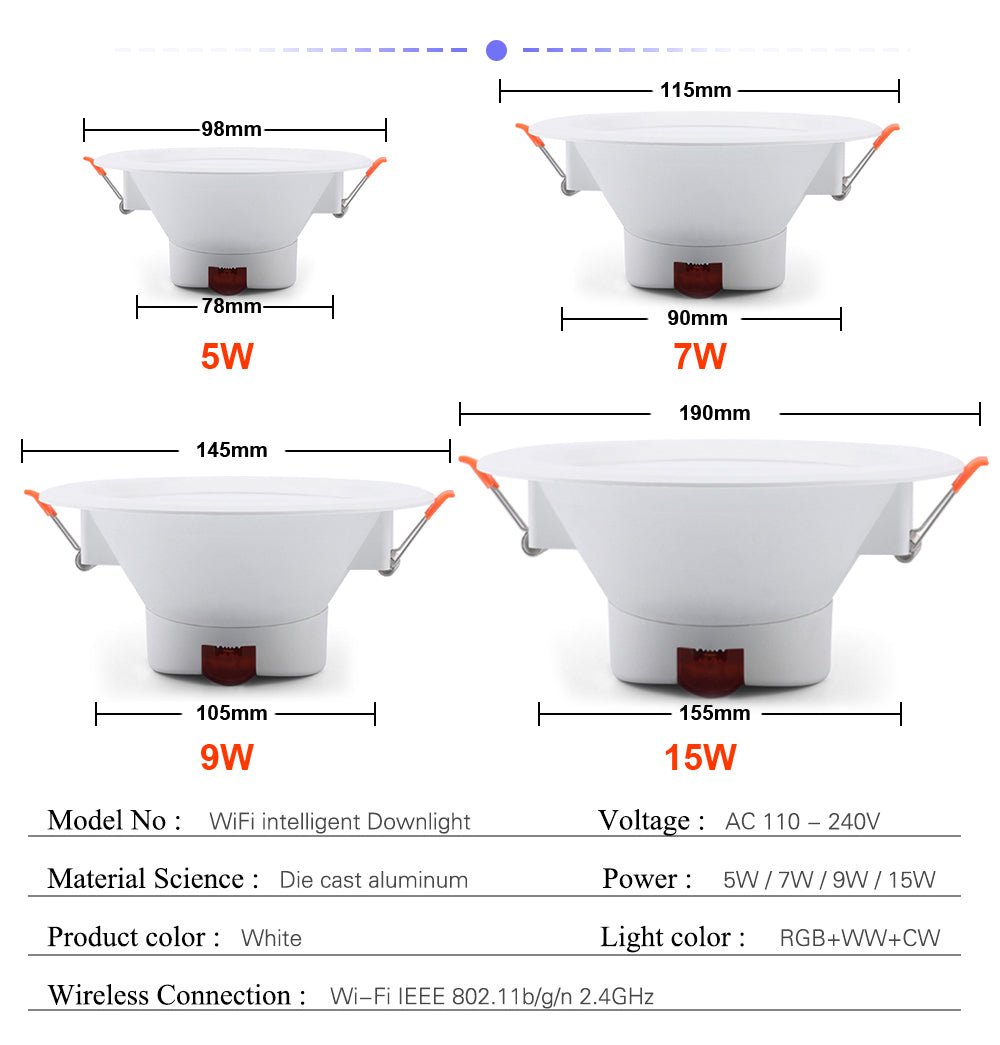 Smart Wifi Led Downlight Tuya 5W 7W 9W 15W Smart Life APP Control RGB+Warm White+Cold White Recessed Ceiling Lamp Spot Light