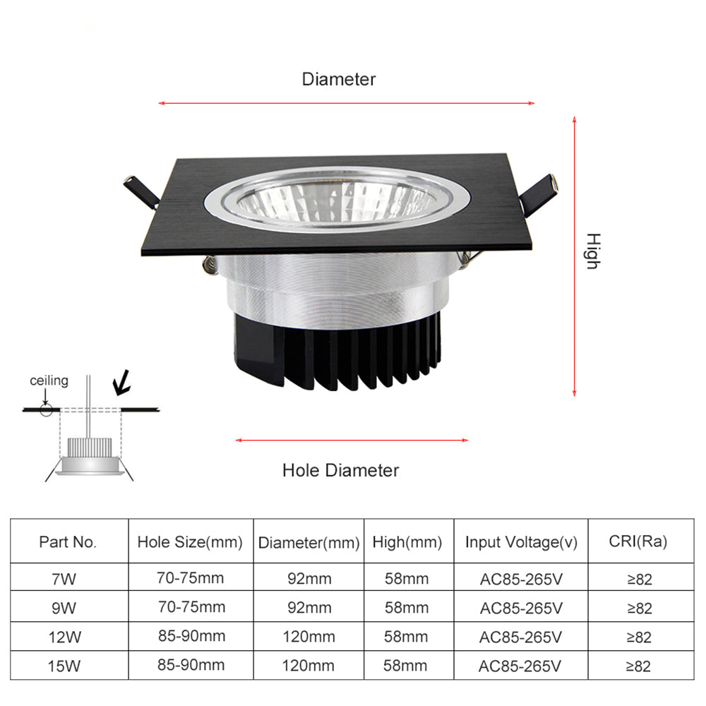 LED Ceiling Lamp 7W 9W 12W 15W COB Downlight LED 85-265V LED Recessed Down lamp led lights for home with led driver Dimmable