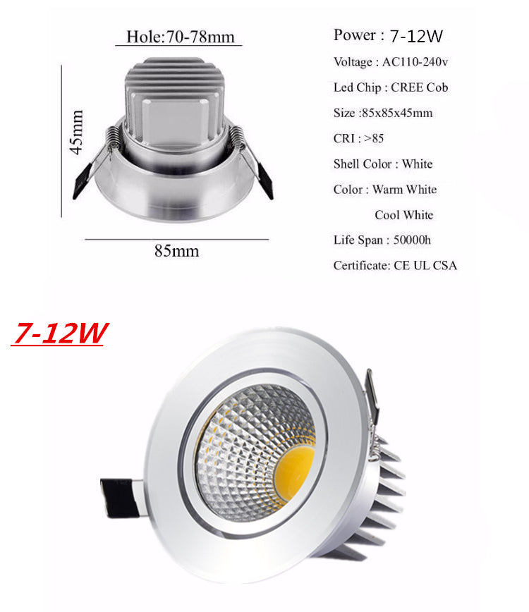 Downlights Super Bright Spot downlight light COB Light Dimmable 3w 5w 7w 12w 110V/220V ceiling recessed Lights Indoor Lighting