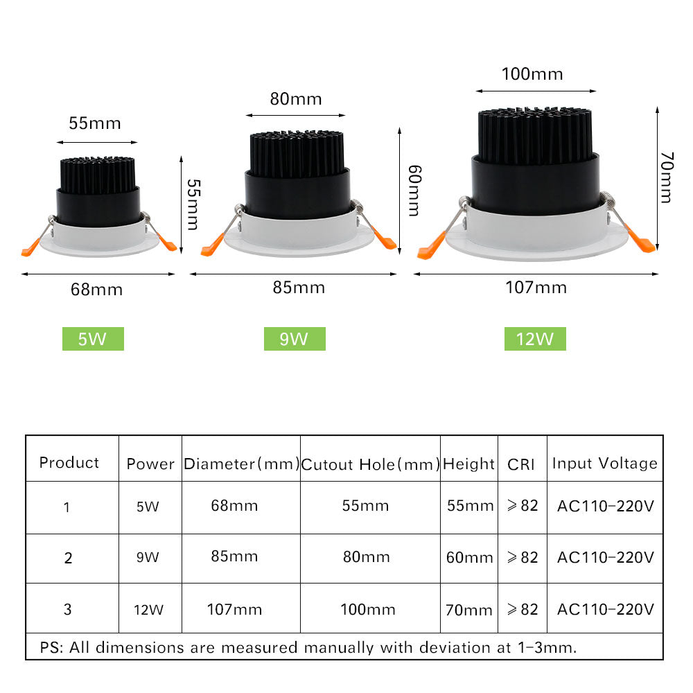COB AC85-265V LED downlight 5W 9W 12W Warm White 3000k Pure White 6000k Spot Lights Indoorled downlight