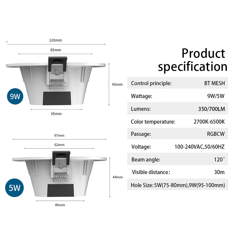 Smart LED Downlight 4 Inch 9W Dimming Bluetooth Round Spot Light 3 Inch 5W RGBCW Recessed Ceiling Light for Alexa and Google