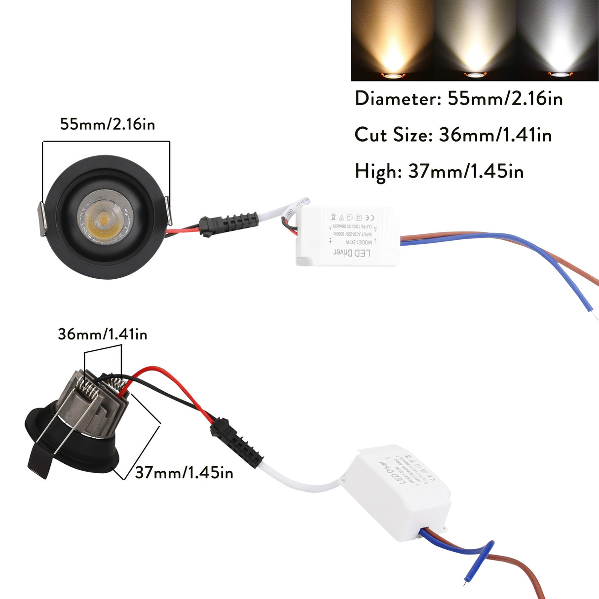 Dimmable LED COB 2.16in Recessed Ceiling Downlight Spotlight Lighting 110V 220V 3W 30W Equivalent Light Bright Lamps with Driver