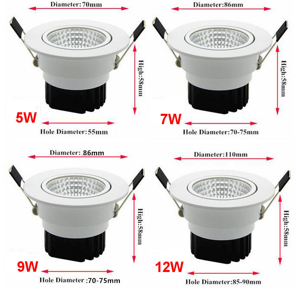 Dimmable LED COB Downlight Recessed LED Dimmable 5W 7W 9W 12W LED Spot light AC110V 220V 85-265V decoration Ceiling Lamp