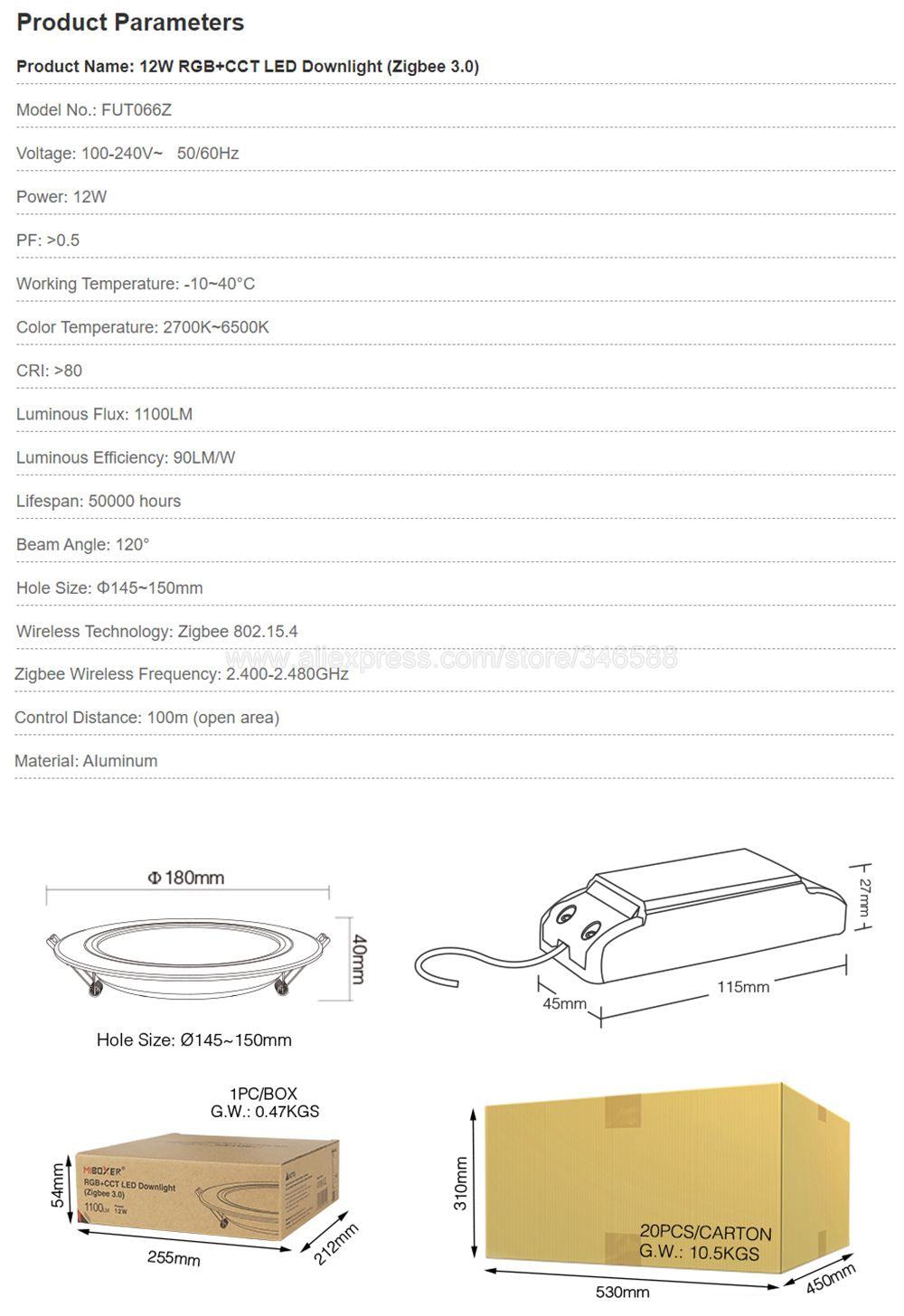 MiBoxer Zigbee 3.0 6W FUT068Z 12W FUT066Z RGB+CCT LED Downlight AC110 220V Ceiling Light Zigbee 3.0 Remote/APP/Voice Control