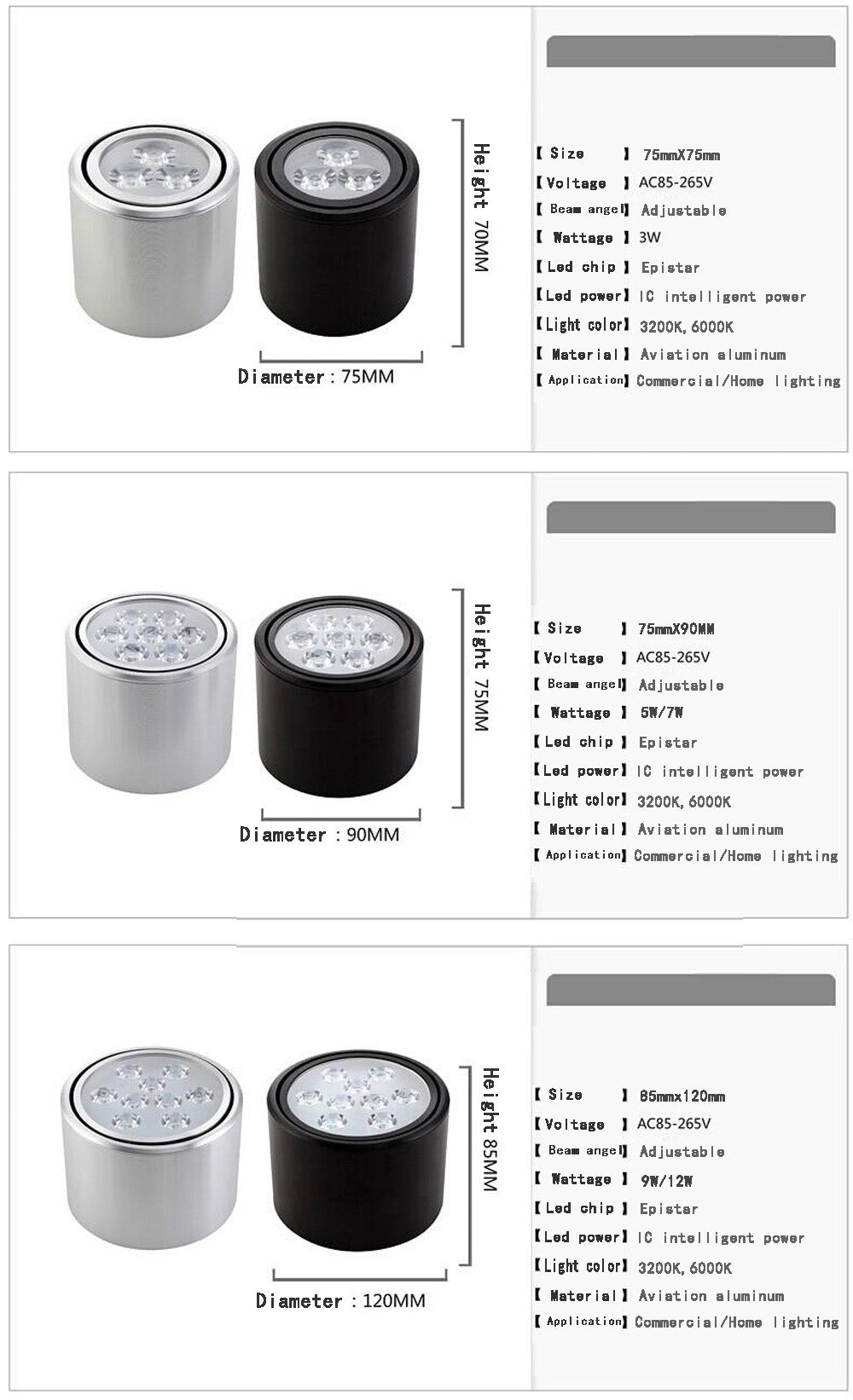 Surface Mounted Ceiling Downlight high power 3W 5W 7W 12W 18W AC85-265V lamp Led bulb downlights Ceiling Spot light +led driver